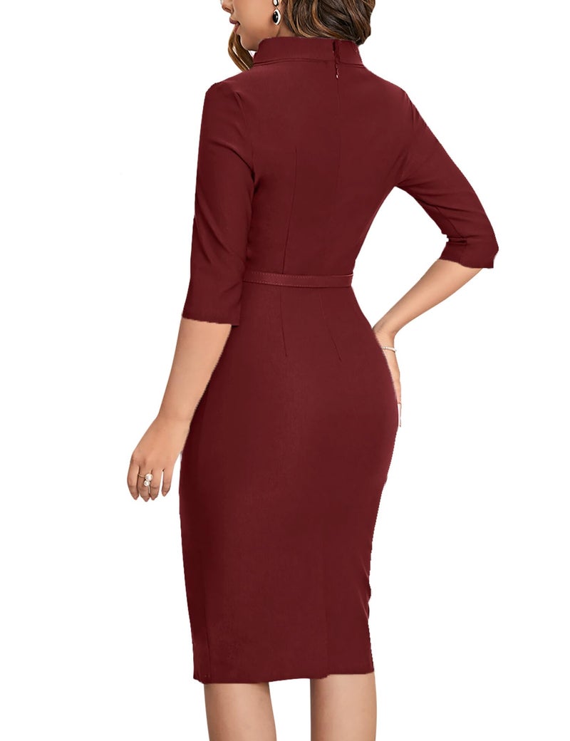 MUXXN Flattering Mock Neck Half Sleeve Retro 1940s Cocktail Juniors Dress for Women (Merlot M) - Image 2